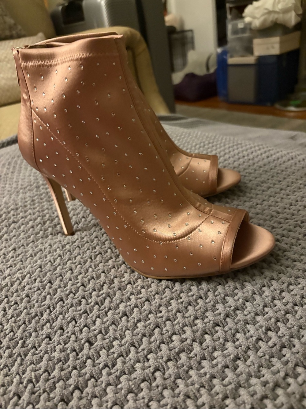 Badgley Mischka Rose Gold Studded Peep-Toe Stiletto Booties